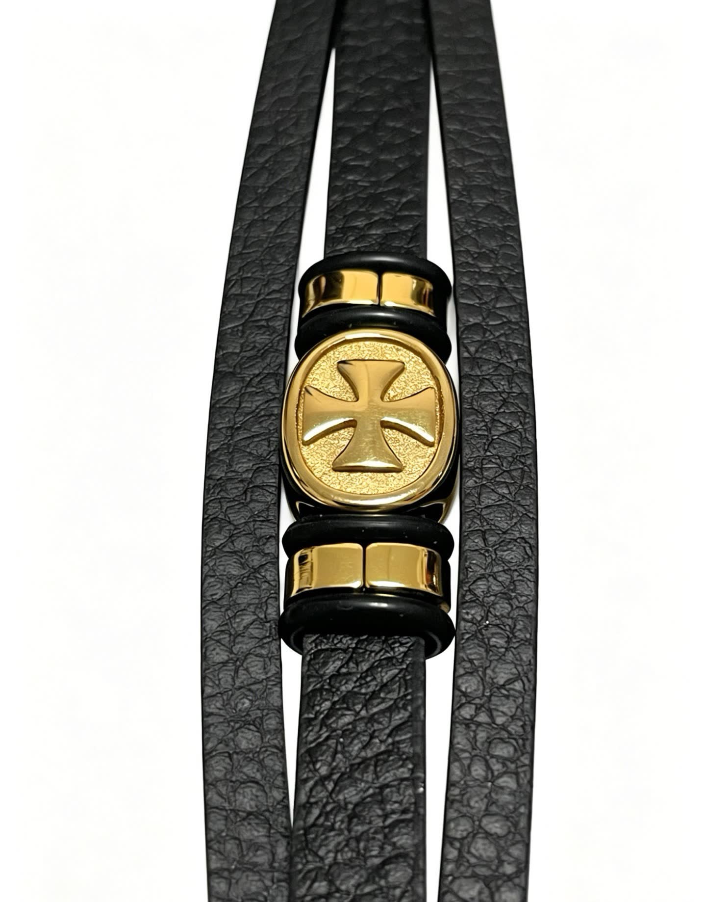 Chrome Hearts Black Leather Bracelet with Gold Cross